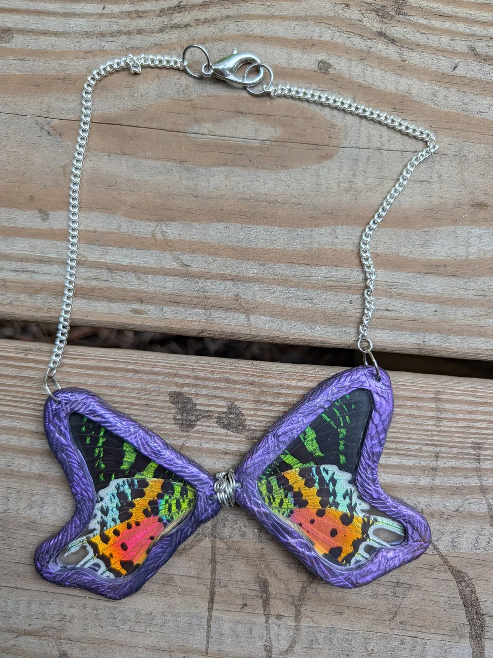 Hand Crafted Purple Butterfly Wing Necklace with Teal and Orange Accents